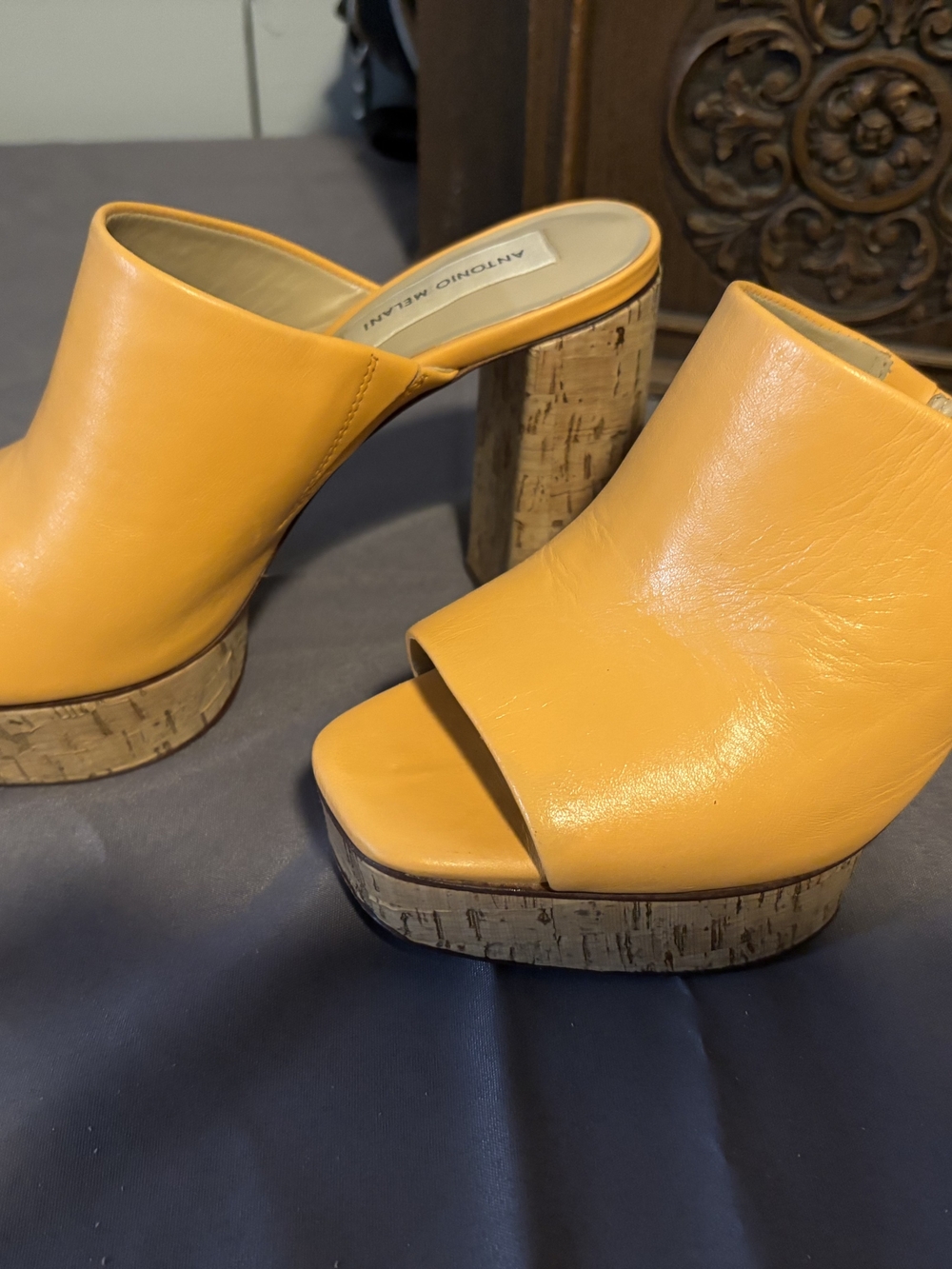 ANTONIO MELANI Orange Leather Cork Platform Mule Heels